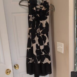 White House Black Market Black and Cream Floral Ruffle-Neck Silky Dress